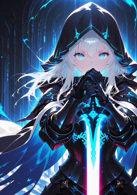 masterpiece,best quality,amazing quality,
<lora:svevsty:1>,svevsty,
upper body,1girl,armor,blue eyes,cape,gauntlets,holding,hood,long hair,looking at viewer,solo,standing,glowing sword,