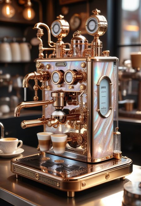 pearlescent  style steampunk coffee machine with mother-of-pearl decoration. Realistic technical photo, detailed, pipes, taps, an analog instrument, decorative structure on the counter of a coffee shop. Sunshine. incredible detail, highest quality, 8k ultra-high resolution, visual masterpiece, vibrant, warm