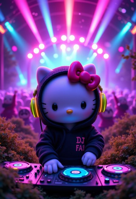 ,A fantastical and surreal scene featuring a cute hello kitty DJ  that wears oversized rainbow colored headphones, perfectly perched on its head, and a black hoodie with neon accents, spinning music that seems to electrify the crowd. The stage is a mix of urban nightclub and wild savanna, with flashing neon lights blending seamlessly with natural elements like tall grass and acacia trees. In the background, a lively audience of hello kitty friends, dances under a canopy of glowing, multicolored lights. Smoke machines, lasers, and pulsating speakers enhance the dynamic atmosphere, the text "DJ Hello Kitty in the house !" is prominently displayed , aidmafluxpro1.1