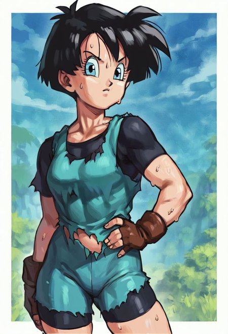 score_9_up, score_8_up, score_7_up, Score_6_up, Score_5_up, Score_4_up, source_anime, (masterpiece, perfectly detailed, detailed face, detailed eyes, beautiful eyes), (ultra HD quality details), 8K, extremely detailed, highres, CuteMaster_PS, videldbz, black hair, blue eyes, 1girl, bike shorts, black hair, blue eyes, border, fingerless gloves, gloves, hand on own hip, looking at viewer, outside border, outstretched arm, short hair, solo, standing, sweat, thigh gap, thighs, torn bike shorts, torn clothes, white border