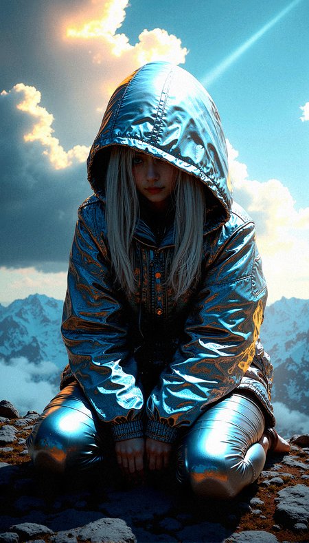 A mysterious beauty is the focal point of this intricate digital artwork, her shining silver hair barely visible beneath a hooded jacket. The jacket is made of a reflective, almost metallic material that catches and refracts light in complex ways, creating a visually stunning texture. The figure’s eyes are hidden in the shadows of the hood, adding to the air of mystery and intrigue. The background features a dramatic, on a cold mountain summit, cloud-filled sky, rich with vibrant colors and swirling patterns, as if nature itself is in turmoil or transition. The lighting is intense, with beams of light cutting through the clouds, casting dynamic shadows across the figure’s face and clothing. The overall composition is highly complex, with rich, saturated colors and extreme detail, making every element—from the texture of the jacket to the vibrant sky—stand out with striking clarity and depth.

Sitting on the ground with knees drawn up and hands resting on them.