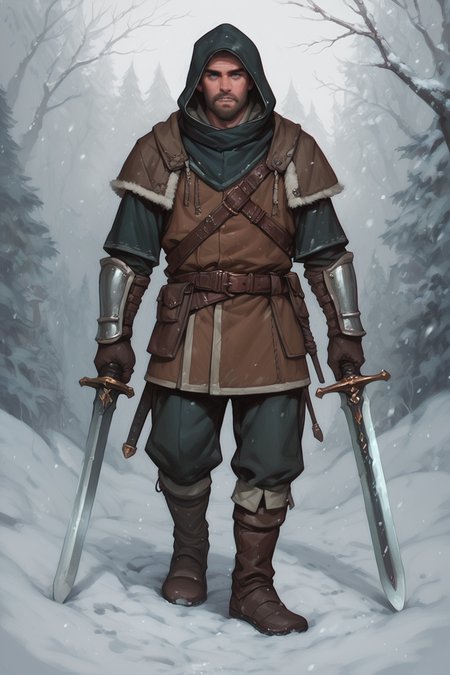 1boy, male focus, weapon, solo, hood, gloves, sword, bow \(weapon\), blue eyes, vambraces, snow, <lora:S1_Dramatic_Lighting_v2:0.15> s1_dram, zPDXL3, detailxl,  Score_PnyReal,