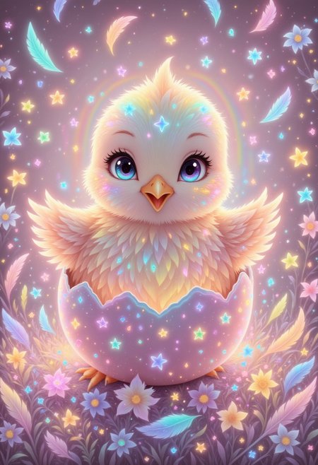 pastel iridescent colors, glowing, A baby chick in a pastel pink eggshell, surrounded by soft feathers and delicate flowers, detailmaximizer