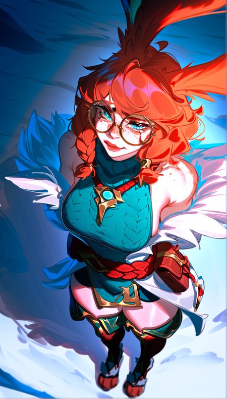 masterpiece, momofuki rio,(rolua:1.2),obj shep, scenery,  1girl, aurora \(league of legends\), league of legends, freckles, blush,embarrassed,blue eyes, glasses,black-framed eyewear,round eyewear, looking at viewer, half closed eyes,lips, (pout, puckered lips, closed mouth, :o:0.6),breasts, short hair, bangs, from above, prespective, brown hair, thighhighs,  long sleeves,dress,  animal ears, bare shoulders,hands behind back, jewelry, medium breasts, full body, braid, boots,  detached sleeves, elbow gloves, puffy sleeves, belt, medium hair, orange hair, rabbit ears, bracelet, sweater,  zettai ryouiki, fur trim,  turtleneck, thigh boots, upper brown footwear, short dress, rope, curly hair, pouch, brown belt, toeless legwear,belt pouch,