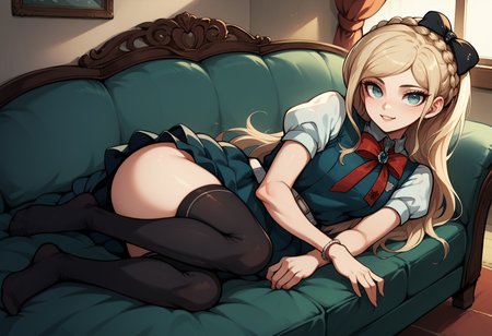 score_9, score_8_up, score_7_up, source_anime, 1girl, looking at viewer, lying, on side, seductive smile, arm support, BREAK <lora:SoniaDR-pdxl:1> defSonia, long hair, crown braid, hair bow, black bow, pinafore dress, medium breasts, red bowtie, puffy short sleeves, white belt, bracelet, thighhighs, no shoes, indoors, couch