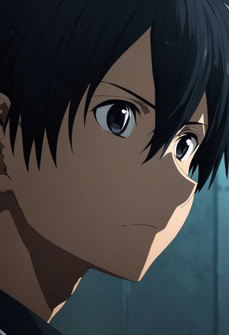 high resolution, solo, best quality, 1Boy, Kazuto Kirigaya, Black Hair, Black Eyes, portrait, looking at viewer, focused gaze forward, upper body, head upright, neutral expresion, OverallDetail