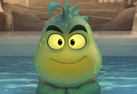mrpiranha, 3d, cgi, male, green orange skin, two tone skin, fins, thick eyebrows, best quality, black pupils, closed mouth, cute, shortstack, yellow sclera, movie accurate, perfect, looking at viewer, sweating, wet, pool, water, Expressiveh, detailed background, high res, bluray, cinematic, shading, shaded, masterpiece,