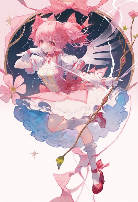 <lora:match2_noob1.1-000190:1>,(maccha \(mochancc\):0.3),
1girl, kaname madoka, bow \(weapon\), solo, pink hair, holding bow \(weapon\), gloves, white gloves, weapon, white socks, socks, bow, holding weapon, short sleeves, pink eyes, puffy short sleeves, choker, pink dress, red footwear, dress, holding, full body, long hair, bubble skirt, constellation, puffy sleeves, pink bow, twintails, magical girl, skirt, looking at viewer, hair bow, frills, standing on one leg, pink flower, kneehighs, flower, leg up, shoes, short twintails, breasts, pink choker, dress bow, wings, frilled skirt, white skirt, arrow \(projectile\), frilled dress,
masterpiece,best quality,newest,absurdres,highres,very awa,