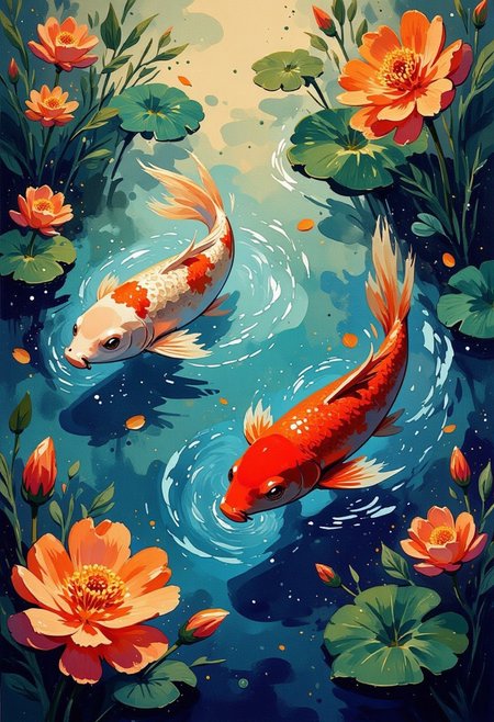 Vector art, Create an image in inkpunk style, vibrant illustration of Koi fishes in lake, surrounded by water flowers, masterpiece, award winning,midjourneyv6.1 
Glowing, masterpiece, best quality, double exposure, realistic, whimsical, fantastic, splash art, intricate detailed, hyperdetailed, maximalist style, photorealistic, concept art, sharp focus, harmony, serenity, tranquility, mysterious glow, soft pastel colors, ambient occlusion, halation, cozy ambient lighting, dynamic lighting, masterpiece, liiv1, linquivera, metix, mentixis, masterpiece, award winning,, best quality, masterpiece