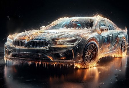 Ice meet flame THEME, (Ghostrider, comics character, man with flaming head skull, with black clothes) in a Toyota supra on (fire, f1r3:1.3) (made of  (angular shard, voxel, glass, 1c3_w1n73r:1.5):1.4), (reflection:1.1),