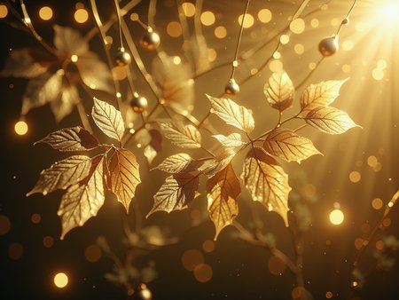 Animal Christmas, 
An oak leaf transitions from vibrant green to deep russet, gently floating on a breeze. Golden lights and bokeh effects create a magical, dreamy background. Soft, diffused sunlight filters through, casting a warm, ethereal glow. The scene is framed with subtle film grain and a golden-hued color grade, reminiscent of a Wes Anderson film.
 <lora:Animal_Christmas:1>