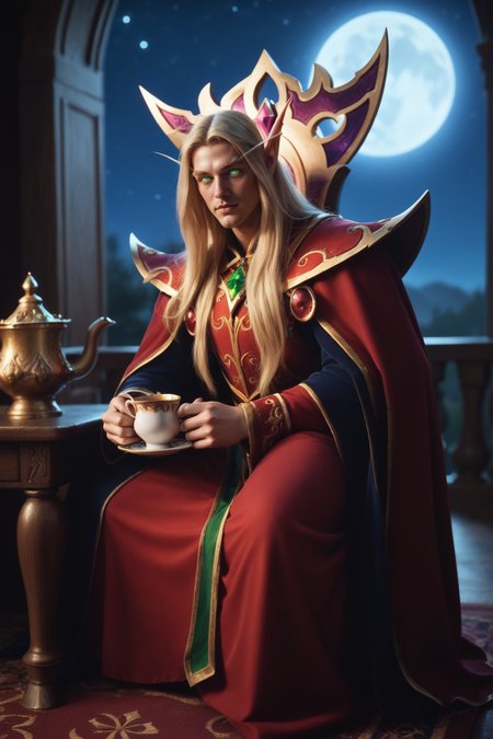score_9, score_8_up, score_7_up, masterpiece, high quality, BREAK
 <lora:kaelthas sunstriderPonyLoRA:0.9>kelta, elf, long hair, blonde hair, blonde eyebrows, green eyes, pointy ears, pauldrons, cape, gems, crown, night, starry sky, robe, sitting in a study room, holding a cup of tea, boots