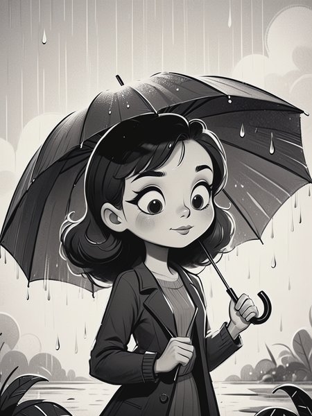 black and white vintage cartoon of girl with umbrella,dynamic pose, sketch,close-up, minimalism, abstract, Doodle sketch, cute and funny, simple background, dynamic angle,water drops, clouds,  <lora:BW_Vintage_Cartoon:0.8>