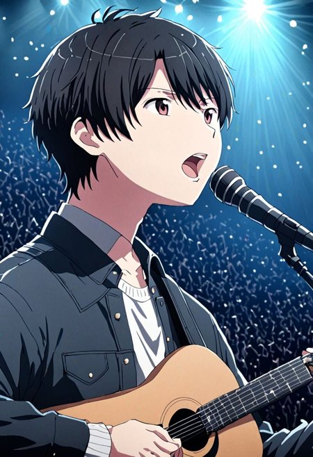 high resolution, solo, best quality, 1Boy, Inaho Kaizuka, Black Hair, singing, portrait, dept of field, virtual concert, playing musical instrument, OverallDetail