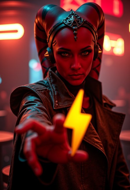 photograph of a twilek smuggler  red skin and hazel eyes with her lekku over her shoulders wearing a leather duster coat holding out a lightning bolt logo towards the viewer, in a dimly lit cantina 
