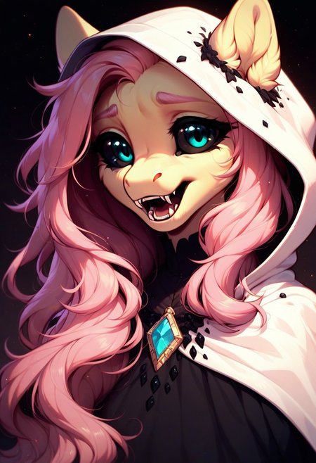 core_9, score_8_up, score_7_up, score_5_up,  score_pastel, ((masterpiece)), ((best quality)), (high detail), (ultra detail), Fluttershy, anthro pony, (black eye color:1.5), (black sclera:1.5), glowing red pupils, in a hood, close-up face, open mouth, disheveled hair, fangs, solo, dark aesthetic, subtle horror vibes, dramatic lighting, intricate details