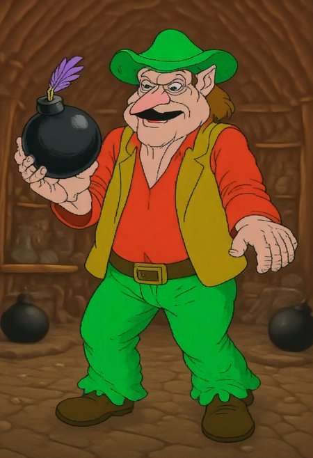 cdistyle illustration of a fat, rotund, middle-aged man with a large nose and mustache, wearing a green hat with a purple feather, a red shirt, and a yellow and brown vest. He has a content expression, holding a bomb, and a chubby physique. The background is a village shop. The man's exaggerated features and vibrant clothing give him a whimsical, humorous appearance.