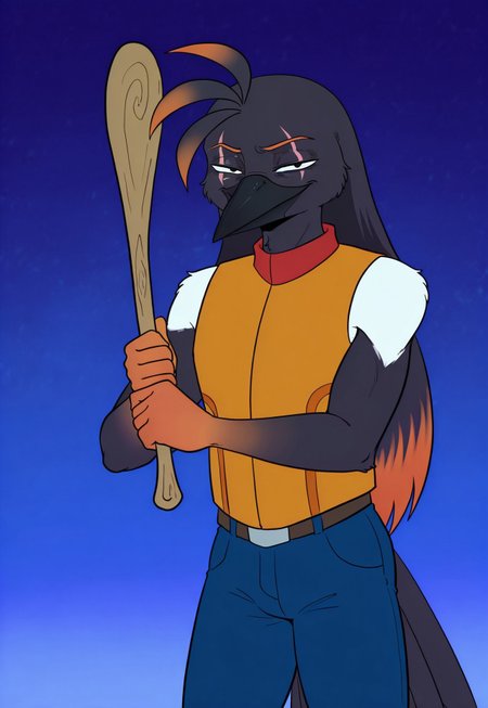 (masterpiece, detailed, amazing quality, high resolution, absurdres, newest), 1boy, solo,, skeptical expression, (smirk), narrowed eyes, holding object, kaogei, 3mber, male furry bird, magpie, long hair, antenna hair, black feathers, black hair, scar, scar across eye, black beak, white shoulders, orange hands, orange tips, multicolored hair, black eyes, two-tone hair, bird tail, orange vest, jeans, belt, 