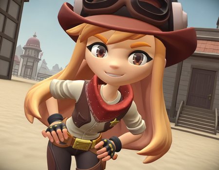 score_9, score_8_up, score_7_up, source_anime,
meggyspletzer, <lora:meggy-spletzer-ponyxl-lora-nochekaiser:1>,
meggy spletzer, long hair, blonde hair, brown eyes, 3d,
gloves, hat, pants, fingerless gloves, eyewear on head, cowboy hat, cowboy western,
outdoors, dessert, hands on hips, smile, bent over,
looking at viewer, cowboy shot, dutch angle, solo,