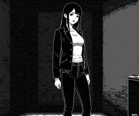 masterpiece, best quality, amazing quality,  1girl, solo, jacket, pants,  horror \(theme\), <lora:World of Horror style:1.2> WoH, pixel art, grayscale, monochrome