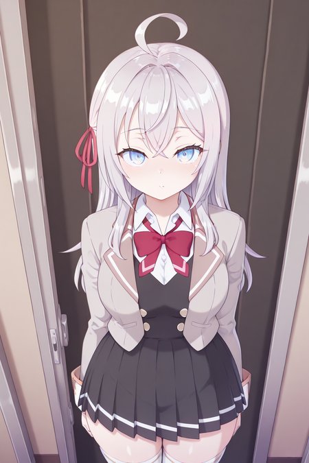 looking at viewer,facing viewer, front viewer<lora:Kaikoinu:0.8>kaikoistyle, <lora:alisa_mikhailovna_kujou_roshidere_s1-ixl-anime-soralz:1> alisa mikhailovna kujou (roshidere),long hair, silver hair,ahoge,crossed bangs,hair ribbon,red ribbon,sidelocks,blue eye,large breasts,school uniform, grey jacket, open jacket, long sleeves, red bowtie, white shirt, collared shirt, buttons, black vest, pleated skirt, white thighhighs, breasts,digital illustration,1girl, masterpiece, best quality,highres,