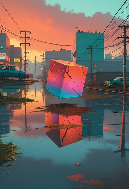 Cinematic, 21:9 shot.
Dynamic view of a holographic magical Top view of a giant iridescent cube fallen at the center of 1980 Tokyo in Simon Stalenhag's style from a futuristic era at dusk hour with very long and realistic projected shadows, detailed frame, painting looks to be life like, on the ground, magical multicolored ink, high quality, imagination, fantasy art, vivid magical colors
Many details everywhere. Ray-Tracing. Anti-Aliasing. Realistic reflections. Realistic soft shadows.
Slightly desaturated colors. 
Insane quality. Insane resolution. Insane details. Masterpiece.
Life-Like Photorealism. 
16k resolution
By Simon Stalenhag.