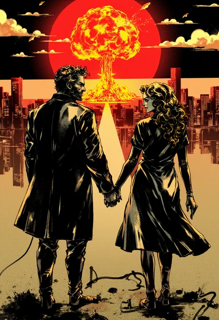 <lora:Yoji_Shinkawa_Style_FLUX-000012:0.9>
This is a digital illustration in a manga-inspired, dark, and gritty yshinkawa style. The artwork features   A man and a woman holding hands, with a nuclear mushroom cloud in the city background