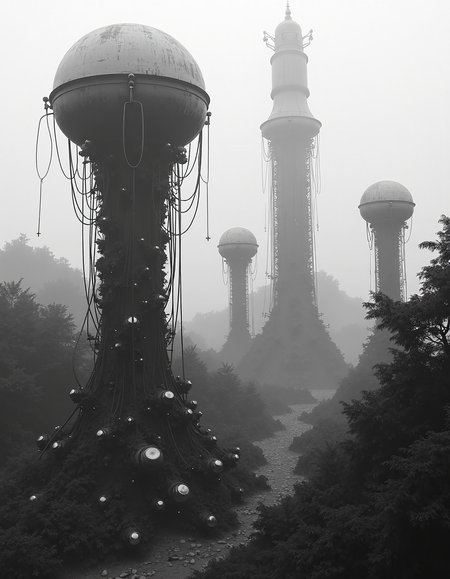 monolithic reality stabilizers anchoring consensual existence, primordial soup of evolving digital lifeformsmonolithic reality stabilisers, a black and white color scheme, numerous interconnected devices resembling life forms sprouting from the ground, intricate network of wires and cables connecting various parts of the structure, two prominent vertical structures in the background, one larger structure on the left with a metallic body, smaller ones adjacent to it, dense foliage and trees visible below and around the structures, soft focus effect creating a sense of depth, overall image conveys a sense of futuristic and technological development, a metaphorical or cybernetic theme.
