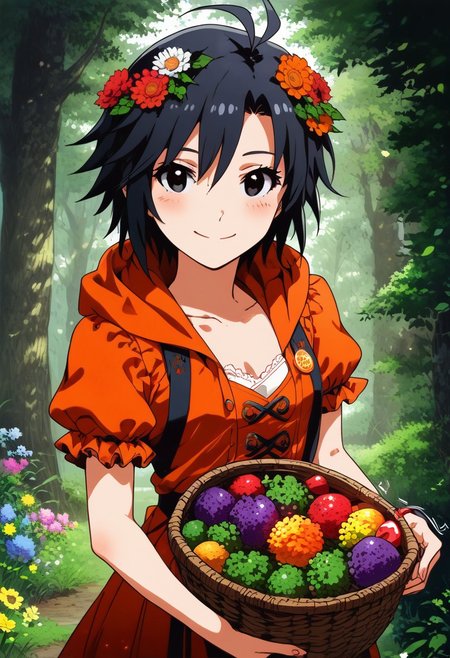 (zPDXL2), score_9, score_8_up, score_7_up, score_6_up, source_anime, <lora:Worldly_XL:1> volumetric lighting, warm colors, motion effects, best quality, wallpaper art, looking at viewer, woods, flowers, insects
1girl, solo, 18 year old, Little Red Riding Hood on a path in the woods, holding basket with berries, delicate and smooth skin, cleavage, shy smile, eyes open, low cut, 
<lora:KikuchiMakoto_pony_v1:0.9> kkcmkt, short hair, black hair, antenna hair, hair between eyes, black eyes, flat chest,  small breasts, 
Expressiveh,  <lora:c0l0urc0r3XLP2:0.40> c0l0urc0r3, cute, bright colours, candy, <lora:RELSM_v1:0.90> <lora:[GP] somethingweirdv1 [Pony XL]:0.20>
