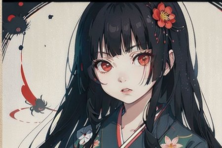 enma ai, hair down, hair black, bangs, eyes red, masterpiece, best quality, ultra-detailed, illustration, 1girl, solo, highres, photorealistic, ultra high res, (Original illustration composition), (fusion of limited color, Maximalism artstyle, kimono obi fashion, double exposure, background, illustration, Amazing, lily spider, night darkness, open one's mouth, flowers red, Movie poster, sitting