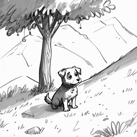 Puppy painting under the tree at the top of the mountain. lora: The simplest :1.0> , very detailed, 8k, sharp, professional, clear, high contrast, crystal clear