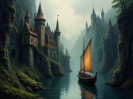 A mystical boat, in a deep ravine, sailing past a rustic castle.

<lora:Aeristhal01_CE_XL_200-OT:0.6> aersthlCE_style