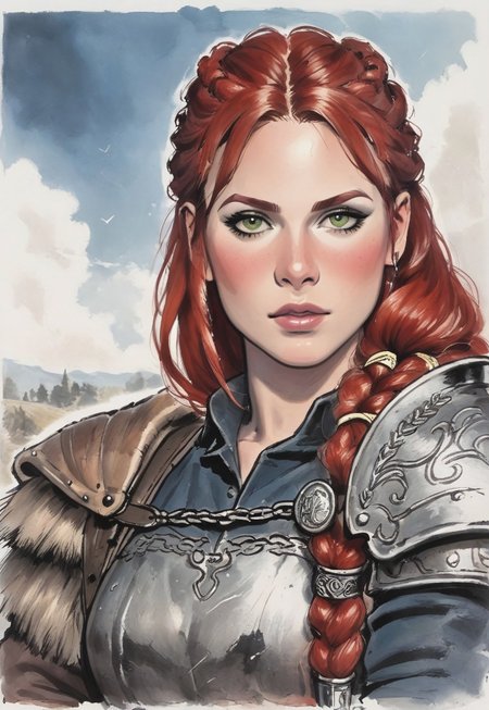 safe_pos, score_9, score_8_up, score_7_up, 1girl, solo, 
Viking warrior, intricate chainmail armor with leather accents and Norse runes, ancient battle axe with a polished wooden handle and a gleaming steel blade, long braided red hair adorned with bronze beads, realistic, cinematic angle, cinematic lighting, muscular body, fierce face, piercing green eyes, battle-ready pose 
BREAK 
standing on a rugged coastal cliff 
BREAK 
source_Viking_art, rating_explicit, expressive, dynamic pose 
BREAK 
detailed beautiful background, dramatic coastal landscape with towering cliffs and crashing waves, ancient Viking longships on the horizon, rugged terrain with rocky outcrops and wild grasses, distant mountains with snow-capped peaks, epic atmosphere with a sense of adventure and danger <lora:Expressive_H:0.6> Expressiveh, (SimplepositiveXLv1:1.3), 
(((upper body, full clothed:1.85))) ((masterpiece)) (ultra realistic, 32k, masterpiece:1.2), (high detailed skin:1.1), (high quality:1.1) (((full clothed))), (8k uhd:1,4) <lora:DandonFuga_Style_v.2_-_Pony:0.8> 
<lora:add-detail-xl:1> 
<lora:Dynamic Poses:1>