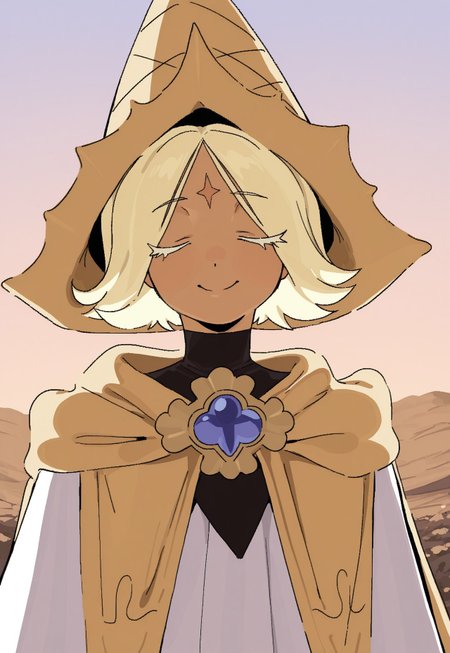 whoopsatr,  anime, masterpiece, best quality, detailed background, 8k, 1boy, solo, pure vanilla cookie, tan skin, blonde hair, short hair, parted bangs, white eyelashes, forehead marking, hat, cone hat, yellow cloak, brooch, white robe, standing, outdoors, beautiful sky, face close-up, smile, closed eyes, half body, staring at viewer, no pose,
