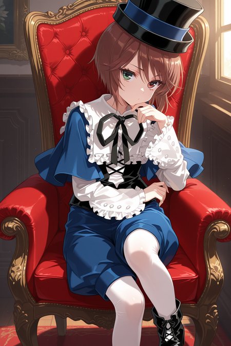 1girl, SouseisekiRozenMaiden, 
general, solo, half body,
eyelashes,
top hat, kodona,
frilled shirt collar, neck ribbon, blue capelet,
white shirt, long sleeves,
black corset,
blue shorts, white pantyhose, black footwear, 
sitting, hand on own chin,
indoors, gothic, chair,
<lora:kp_SouseisekiRozenMaidenIllustrious_v1_0:1.0>,
masterpiece, best quality, amazing quality