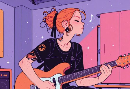 flat_colors, Flatline, Flat vector illustration,
dynamic pose,

1girl, solo,
guitar,
music,
freckles,
ginger hair, punk hairstyle,
shoulder tattoo,

inside,
music concert,
incoth, (incase:0.6), artist:moriimee,