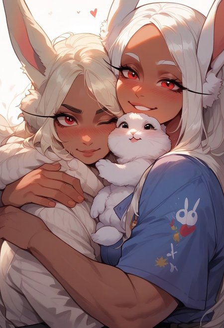 score_9, score_8_up, score_7_up, score_6_up,  <lora:p3tl0v3XLP:1> p3tl0v3, 1girl, rumi usagiyama, dark skinned female, hugging white rabbits, rabbit on shoulder,