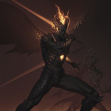devil trigger, monster form, orange glow, ((colored skin, black skin, monster:1, armor, scales:1, demon, horns, holding sword, fire, wings), score:9, score:8, score:7