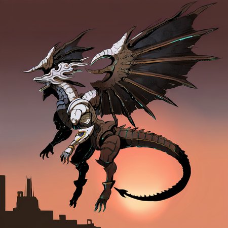 highres, best quality, masterpiece, very aesthetic, newest,solo,dorugoramon,no humans,mecha dragon,wings,horns,tail,biomechanical,epic,vivid detail,araki hirokiro,dark souls,gothic,grimdark,flying,outdoors,city,futuristic,cyberpunk, <lora:DorugoramonIllustrious:1>