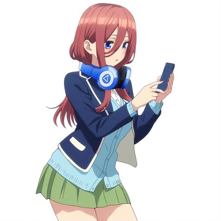 masterpiece, high quality, high res, absurd res, ultra high quality,
<lora:Miku_Nakano_Illustrious_v57:1>, M1kuNakan0_Illu, 1girl, solo, brown-red_hair, hair_over_eye, long_hair, bangs, dark-blue_eyes, headphones, triangle_logo, dark-blue_blazer, open_blazer, cyan_shirt, blushing, holding_phone,  cowboy shot, white background, simple background, green_miniskirt, tights