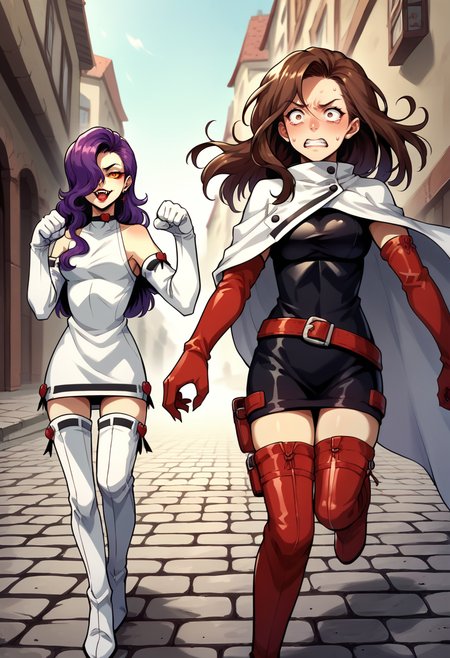 score_9, score_8_up, score_7_up, source_anime, 2girls, chasing, cobblestone, dark, tunnel BREAK
1girl, paw pose, open mouth, evil smile, fangs, <lora:ManEaterSMT-pdxl:1> mnetrSMT, long hair, hair over one eye, colored sclera, lipstick, white dress, short dress, bare shoulders, choker, elbow gloves, thigh boots, high heel boots BREAK
1girl, running, scared, clenched teeth, sweatdrop, <lora:zs_YukaXL:1> yukasmt, brown hair, long hair, bodysuit, white cape, belt, red thigh boots, gloves