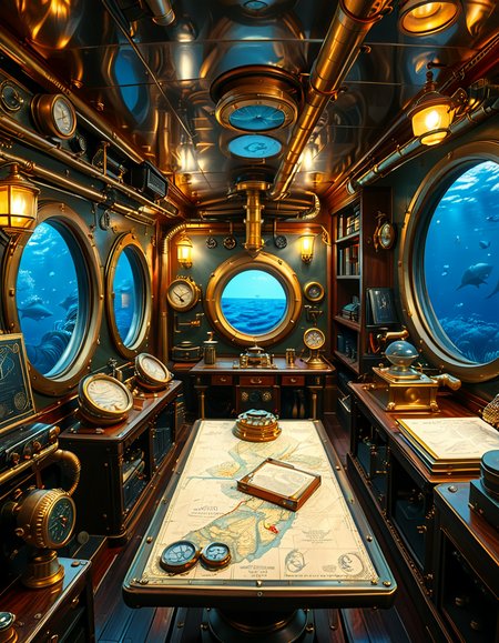 A stunning and intricate view of the interior of the Nautilus submarine, inspired by Jules Verneâs steampunk aesthetic. The room is a mix of Victorian elegance and advanced 19th-century marine engineering. The walls are lined with riveted brass and copper pipes, with intricate pressure gauges and mechanical levers. A massive, round glass porthole offers a breathtaking underwater view of deep-sea creatures swimming in the dark abyss. The warm glow of antique oil lamps and gaslights illuminates the space, casting soft golden reflections on the polished mahogany furniture and ornate brass railings. A large wooden desk is covered with old nautical charts, compasses, and a logbook filled with Captain Nemoâs notes. In the background, a library with leather-bound books and scientific instruments is neatly arranged on wooden shelves, emphasizing the scholarly and adventurous nature of the vessel. The ambiance is a perfect fusion of mystery, science fiction, and vintage maritime beauty, evoking a sense of wonder and deep-sea exploration.<lora:SDXLFaeTastic2400:0.4> <lora:extremely_detailed:0.4> extremely detailed, <lora:Nautilus_subm4r1n3:1>,Nautilus subm4r1n3, Masterpiece,best quality,hi res,8k,hi res,8k,award winning,(sharp focus, intricate, highly detailed),