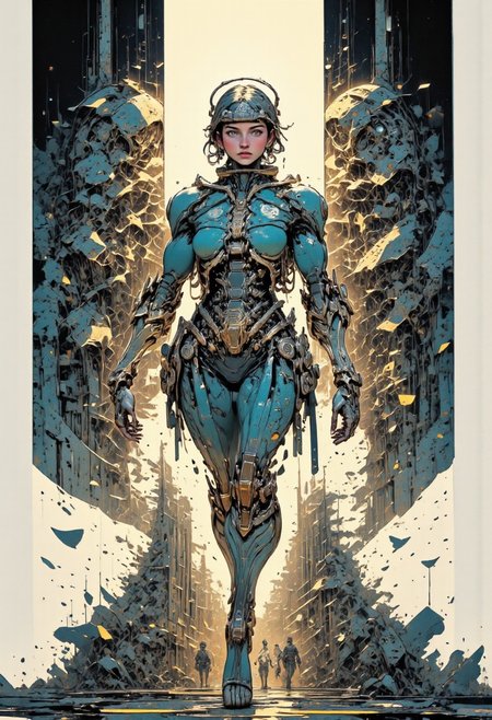 Insanely detailed Divine girl, cyberpunk, Hyper-detailed, Omnipresent, Beautiful, Sinister overtones, Good and Evil clash in the background, Otherworldly, Silhouette contrast, Rebellion against the AI ​​overlords, (the girl rebelled against the AI), Hyper-detailed, Professional poster art, Bold lines, Award winning, Trending on ArtStation, (Intricate details, Masterpiece, Best quality: 1.4), Looking at viewer, Dynamic pose,