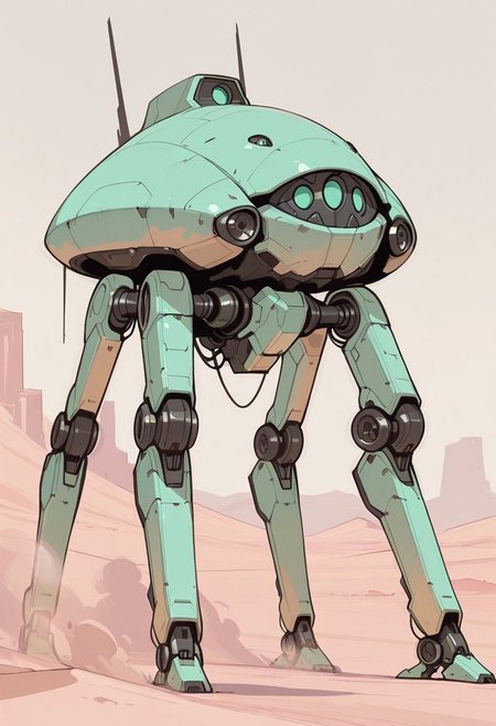 (concept art:1.5), mecha, military mecha, animal robot, non-humanoid robot, four legs, wires, single eyes, solo, dust, mist, desert