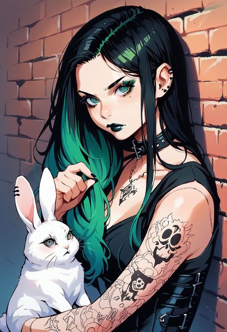 score_9, score_8_up, score_7_up, score_6_up,  source_anime,  p3tl0v3, 1girl,  goth girl, black hair, multi colored hair, green hair streaks,  long hair, green eye shadow, black lipstick, tattoos, goth dress, corset, white rabbit,1ly4, holding pet, bored expression, looking at viewer, traditional painting, realistic, brick wall,