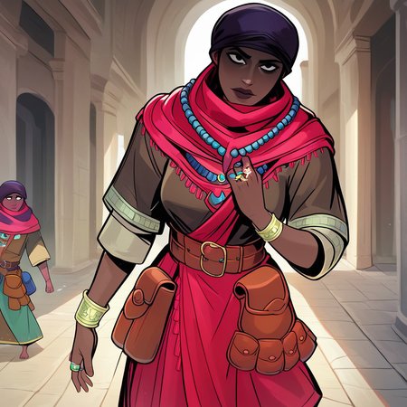 score_9, score_8_up, score_7_up, masterpiece, best quality, newest, absurdres, highres, DDAntiq-V1.1, scarf, bandana, robe, dark-skinned female, dark skin, belt pouch, pouch, necklace, belt, ring, bracelet, DDstyle, official style, black eyes, shaded eyes,