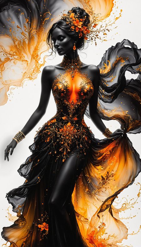 Silhouette Art, breathtaking ( absurdres divine aesthetic  FaeTastic extravaganza alcohol ink sketch). amazing, fine, detailed, masterpiece, lovely, charming, awe-inspiring, radiant, magnificent. (all dark hues and fine vibrant orange glowing smoldering accent and shiny gold color scheme:1.02). glossy.
<lora:InkArtXL_1.2:0.4> <lora:FaeTastic:0.35> . award-winning, professional, highly detailed . extremely high-resolution details, photographic, realism pushed to extreme, fine texture, incredibly lifelike, high contrast, well defined .