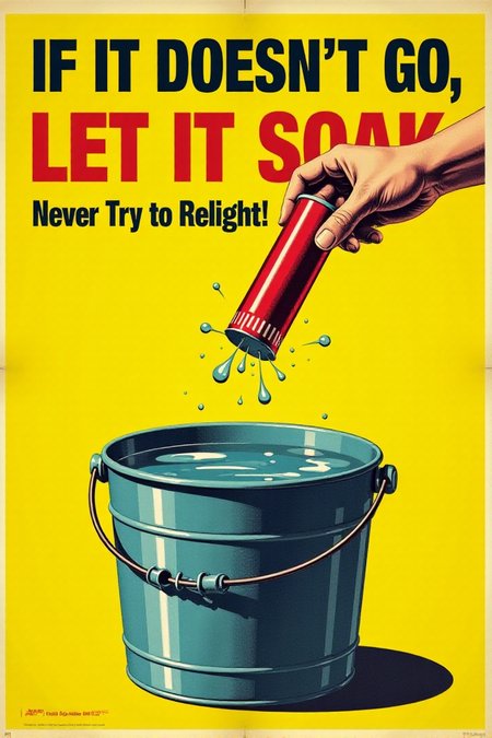 A vintage poster with a simple, direct message. It shows a hand dropping a malfunctioning firework into a bucket filled with water. Bold, black text on a bright yellow background emphatically states: "IF IT DOESN'T GO, LET IT SOAK! Never Try to Relight." Focus on the definitive action for dealing with duds.  <lora:REMEs_War_Poster_Style:0.95> In REME's War Poster Style,âââ