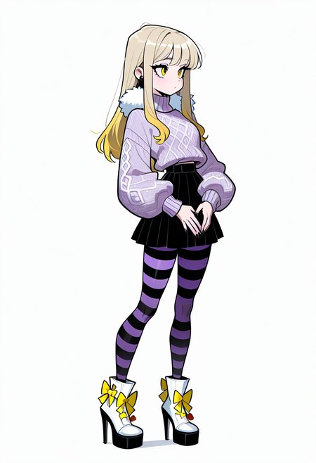 masterpiece, best quality, 1girl, solo, eyelashes, (beautiful eyes),    C0utur3Cr4z3, 1girl, solo, skirt, simple background, shirt, long sleeves, white background, bow, standing, full body, pantyhose, shoes, striped, black skirt, nail polish, high heels, sweater, fur trim, white footwear, own hands together, black nails, yellow bow, striped bow, striped pantyhose, footwear bow, purple pantyhose,   <lora:Style60_IXL:1.0>,