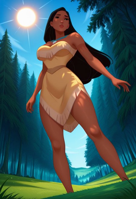 solo, Pocahontas, black eyes, black hair, long hair, dark-skinned female, yellow buckskin dress, blue necklace, large breasts, standing, close up, from below, Outdoors, forest, trees, sky blue, cluds, sun, grassland, green floor